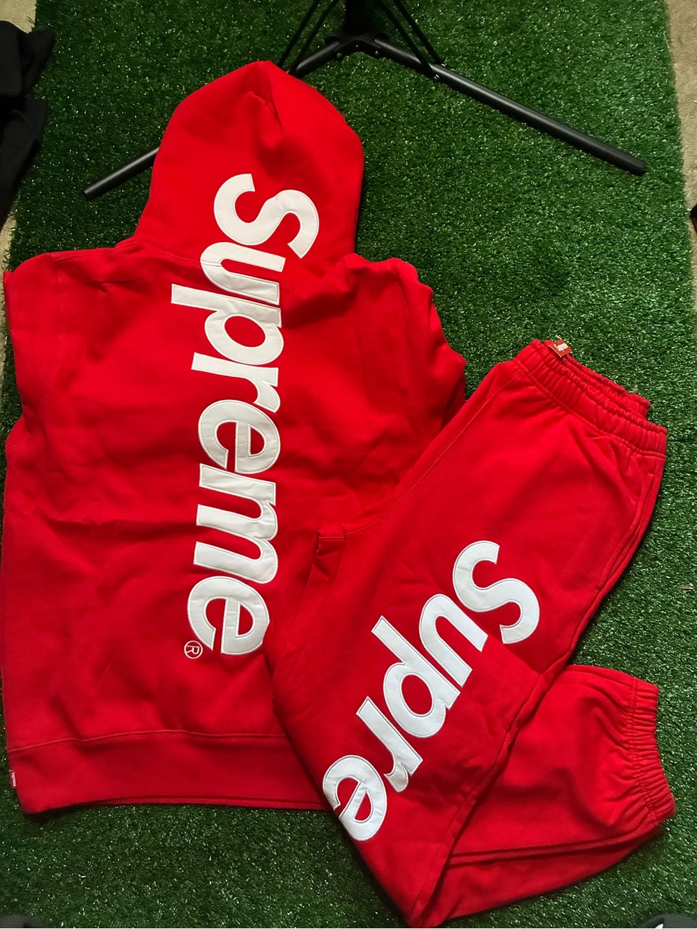 Supreme Red Hoodie and Joggers Set with White Logo